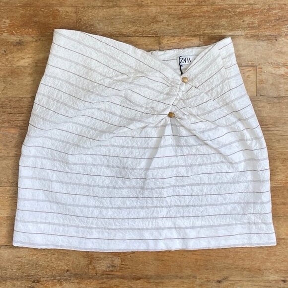 NWT Zara Striped Skirt Brown & White Button Detail Size Medium Waist 28 inches - Picture 1 of 4